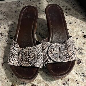 Tory Burch Brown and Cream Snake Print Mules